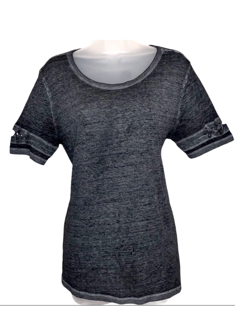 Y2K Mudd Cut Out Crisscross Laced Up Short Sleeve Top Acid Wash Grunge Gray S